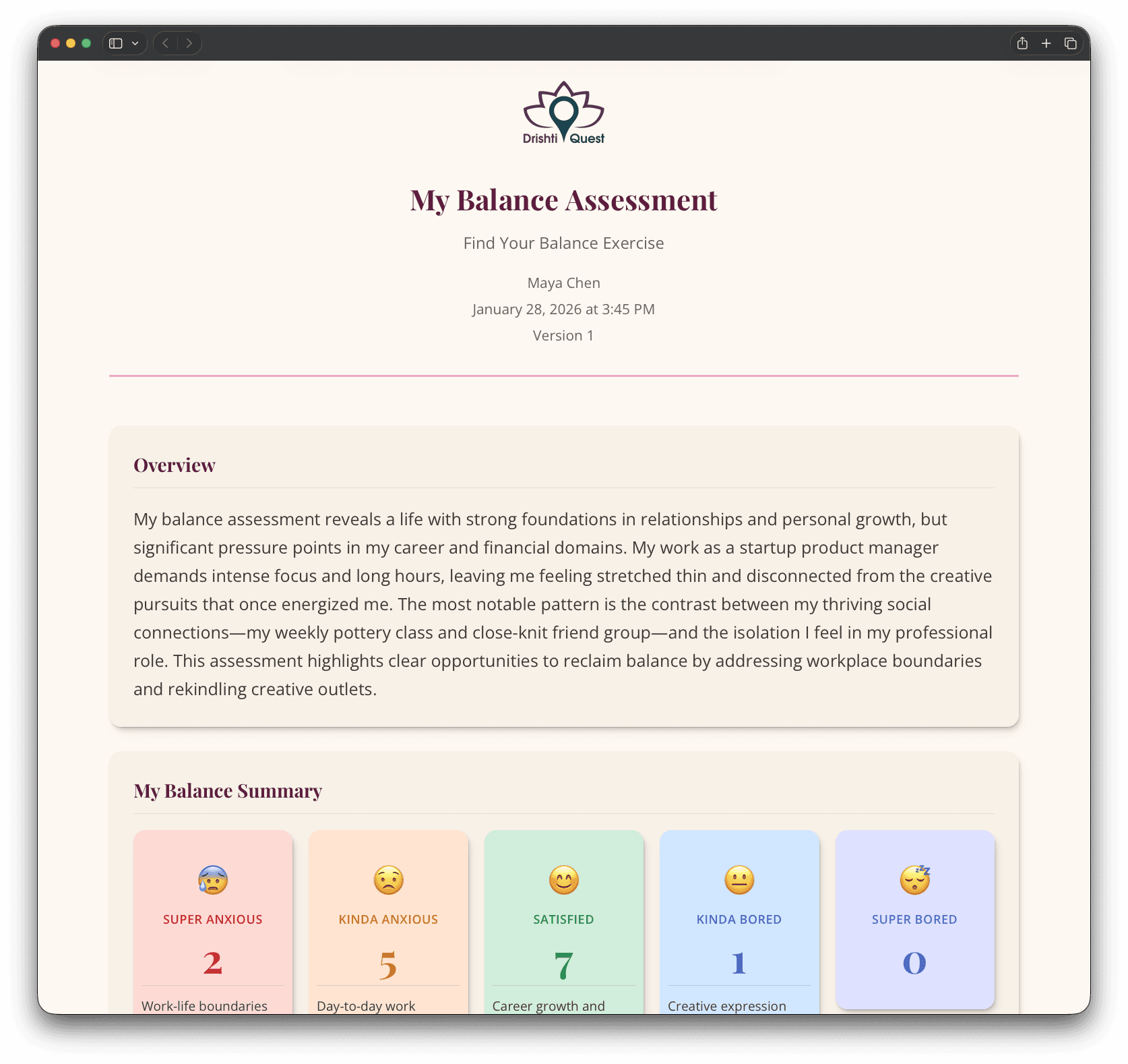 My Balance Assessment artifact showing life balance ratings