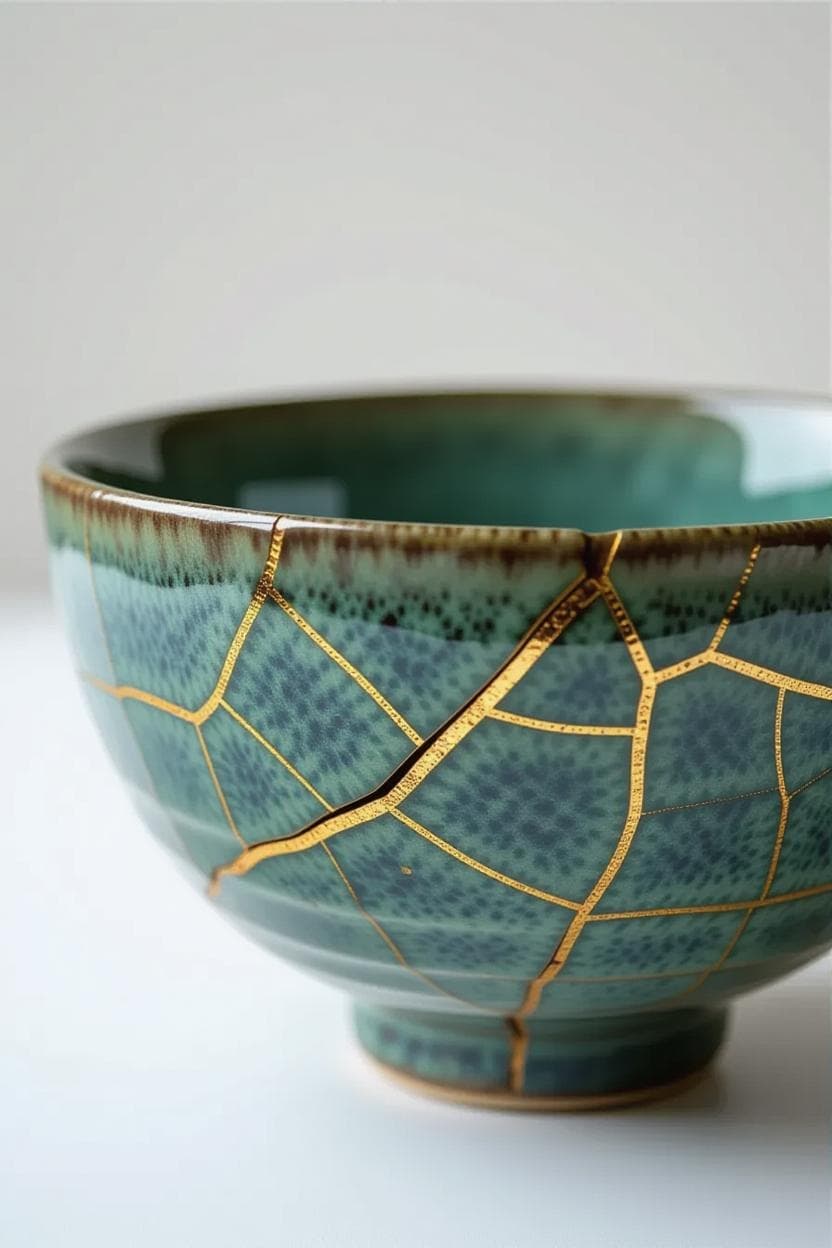 Kintsugi bowl with golden repairs highlighting its cracks